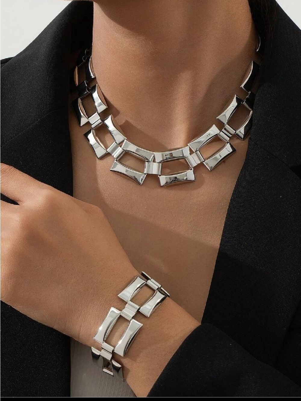 Silver Geometric Link Necklace & Bracelet Set